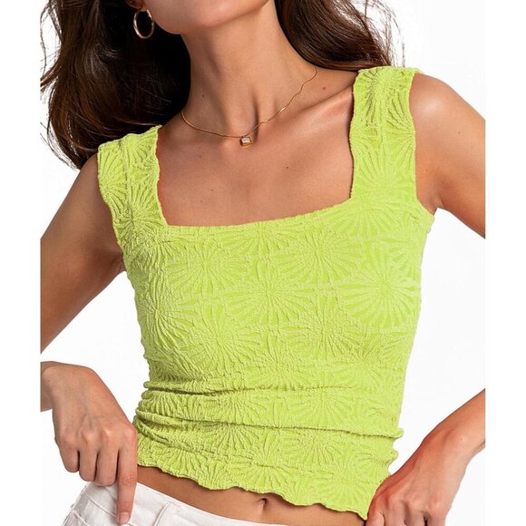 🆕Women's Yellow Square Neck Wide Strap Tank Tops Flower Slim Fit Crop Cami Tops - Picture 1 of 1